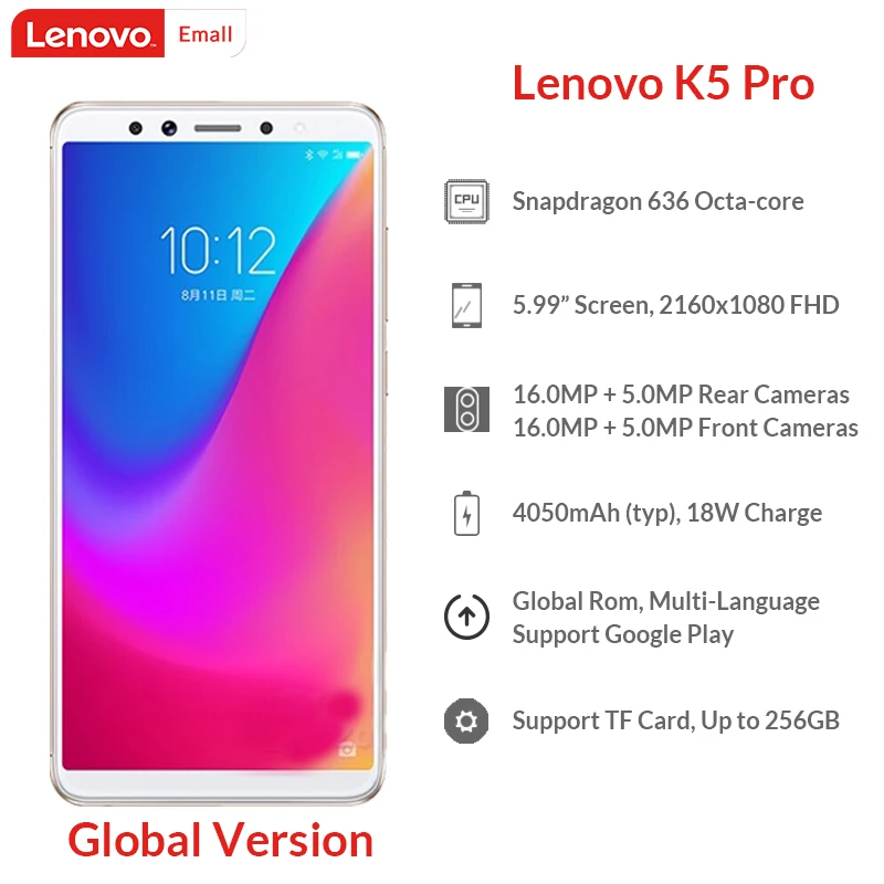 Lenovo K5 Pro смартфон с 5 99 дюймовым дисплеем восьмиядерным процессором Snapdragon 636 ОЗУ 64