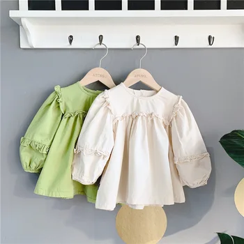 

WLG Girls Blouses Kids Solid Ruffle Beige Green Shirts Spring Summer Casual Tops Baby Girl All Match Clothes for 1-6 Years