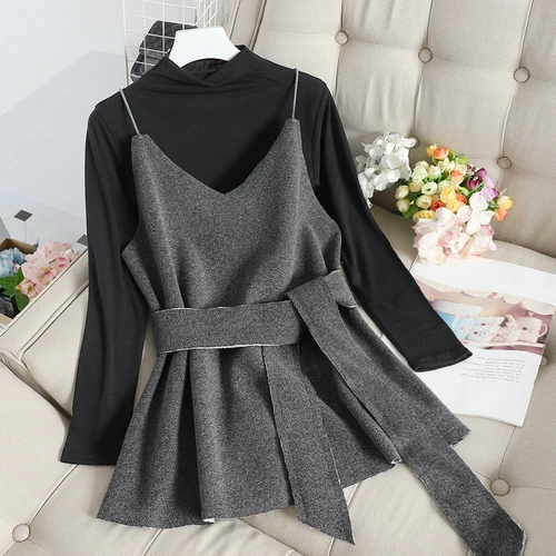 Neploe/комплект из 2 предметов в Корейском стиле пуловер с высоким воротником и длинными рукавами+ шерстяной жилет на шнуровке для женщин, элегантный комплект из 2 предметов, 54861 - Цвет: black gray