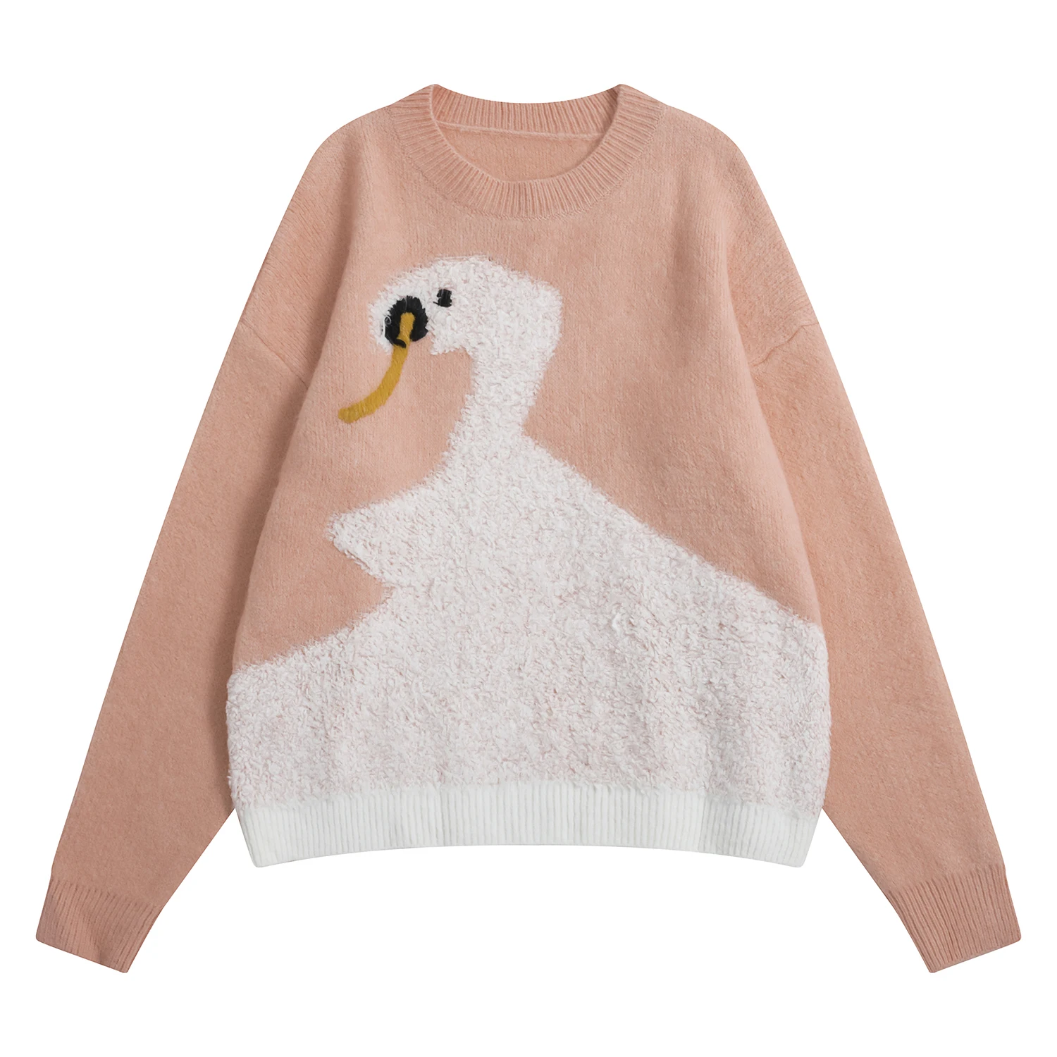 Корейский модный элегантный дизайн женский пуловер свитер с круглым вырезом свободный Забавный вязаный джемпер Топ осень зима Лебедь жаккард - Цвет: Розовый