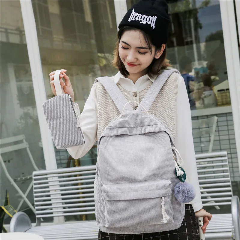 

2018 Autumn And Winter New Style Corduroy Stripes Backpack Casual Students Outdoor Backpack Two-Piece Set