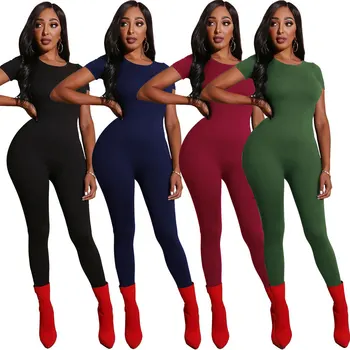 

2020 Summer Short Sleeve Bodycon Night Club Jumpsuits Women New Solid Color Slim Skinny Package Hip Overalls Long Rompers Female