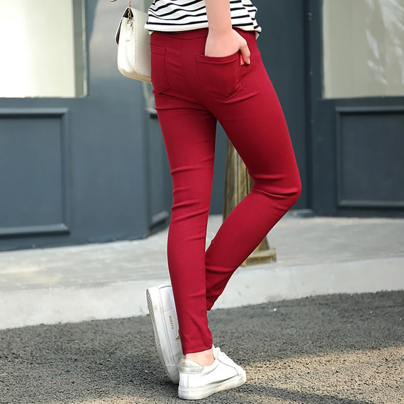 Girls' Pencil Pants Spring And Autumn Kids Casual Solid Color Pocket Outer Wear Stretch Trousers