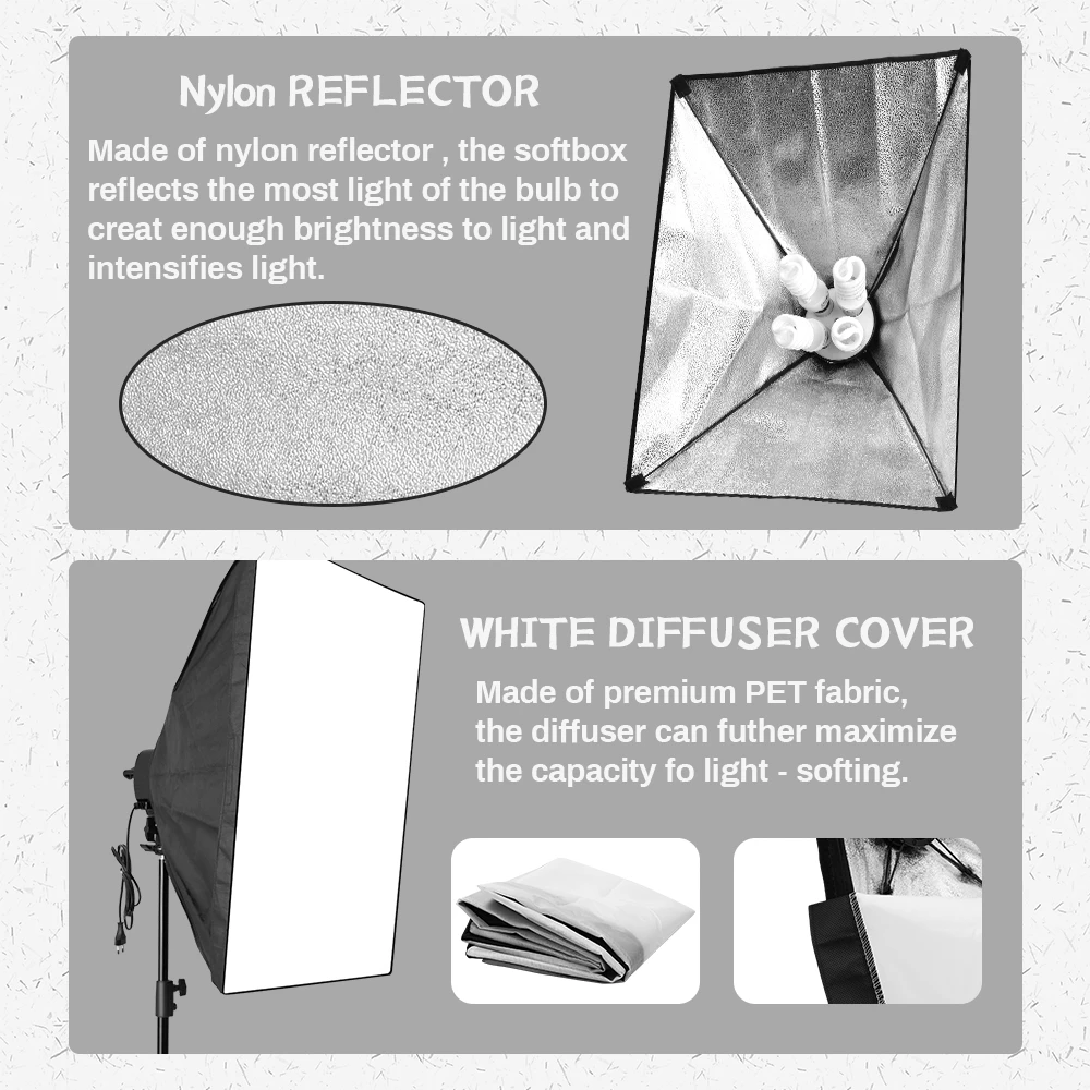 50x70CM Softbox Lighting Kit Photography Continuous Light Soft Box E27 4Lamp Holder 2m Light Stand Tripod For Photo Studio Vedio