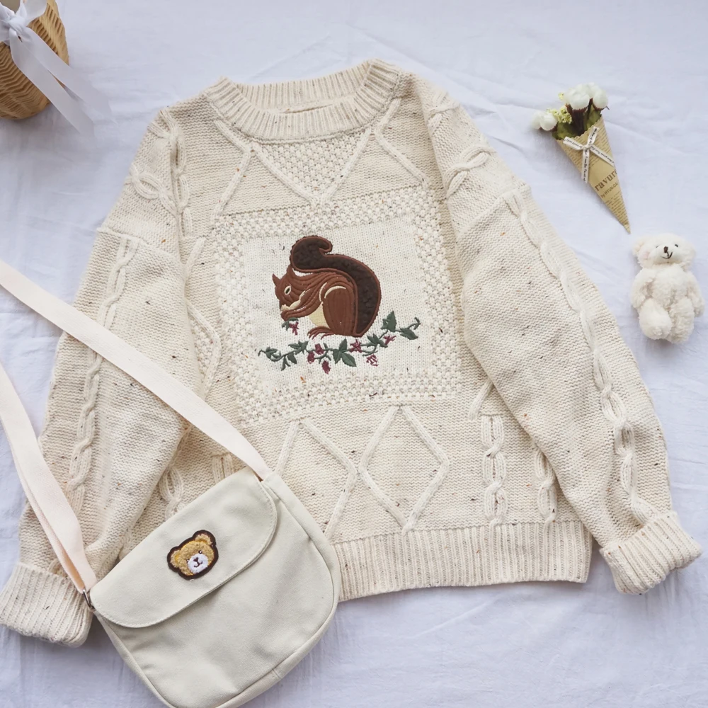 Винтажный осенне-зимний утепленный свитер с милой вышивкой белки для девочки-подростка, Харадзюку, свободный Kawaii мультяшный трикотаж, пуловеры