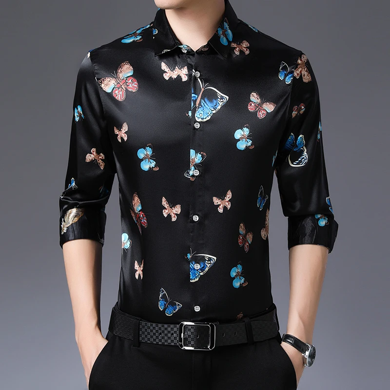 

Colorful butterfly pattern printing fashion slim long sleeve shirt New arrival top quality ice silk smooth luxury men shirtM-3XL