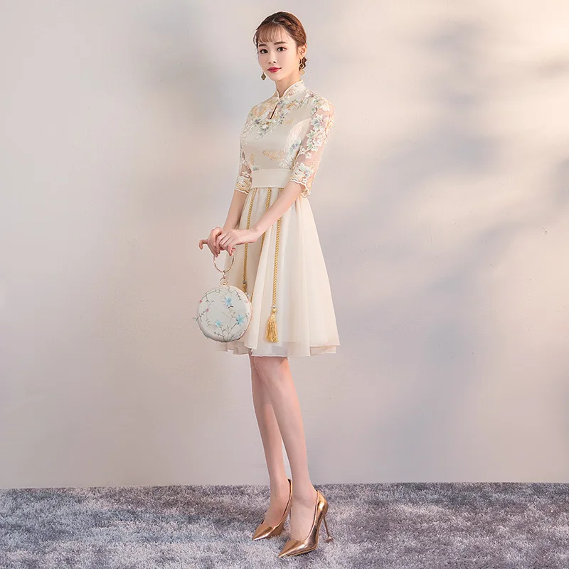 Винтажное платье на пуговицах с кисточками, женское платье Chongsam цвета шампанского, Qipao, Классическое женское платье с цветами, платье для выпускного, qipao, размер S-3XL