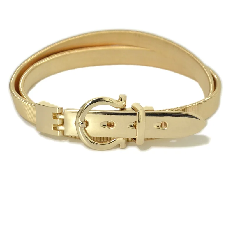 round buckle-gold CETIRI Модные женские золотые серебряные полностью металлические эластичная цепь пояс металлическая застежка пояс на пряжке панк-ремни для пальто джинсы - Цвет: round buckle-gold