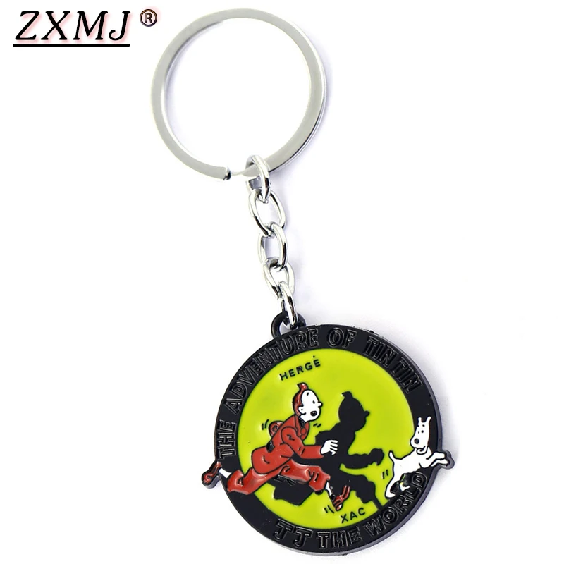 

ZXMJ The Adventures Of Tintin Keychain Keyring with Dog Cartoon Metal Round For Men Women Bag Car Key Holder Chaveiro Jewelry