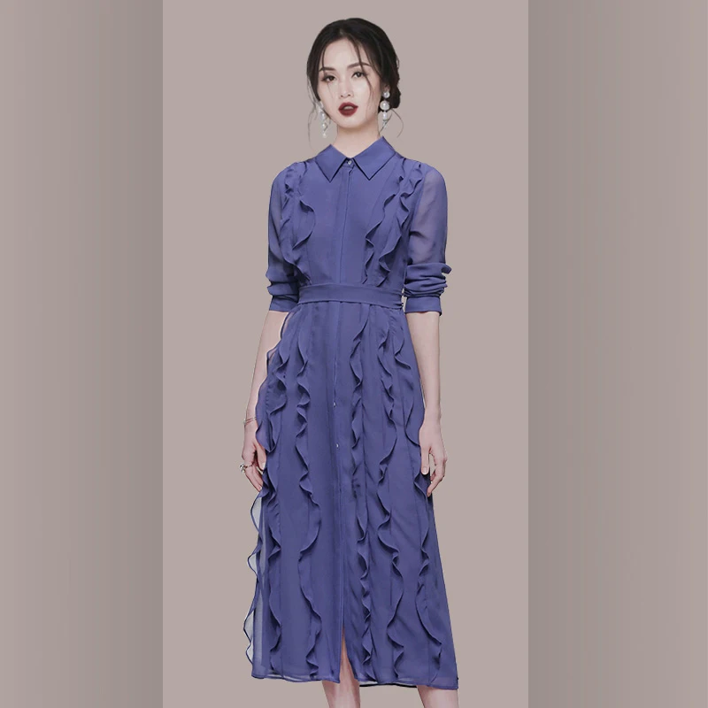 

Korean Women Autumn Vintage Runway Long Dress Elegant Long Sleeve Turn down collar Ruffles Midi Party Dresses Vestidos