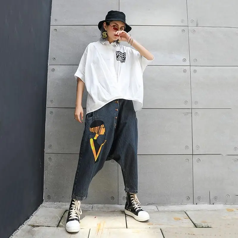 Мода новые женские свободные синие джинсы с высокой талией и принтом, шаровары на пуговицах