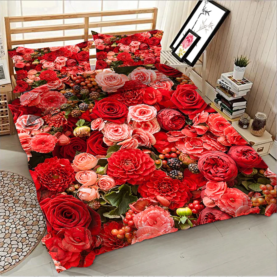WOSTAR 3d Digital printing red rose bedding luxury Home textiles king size bedding set bed sheet duvet cover and pillow case WOSTAR 3d Digital printing red rose bedding luxury Home textiles king size bedding set bed sheet duvet cover and pillow case