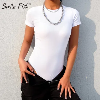 

Casual Basic Solid Cotton Women's Bodysuits Summer Black White O-Neck Short Sleeve Shirts Tops One-piece Overalls Rompers M0006