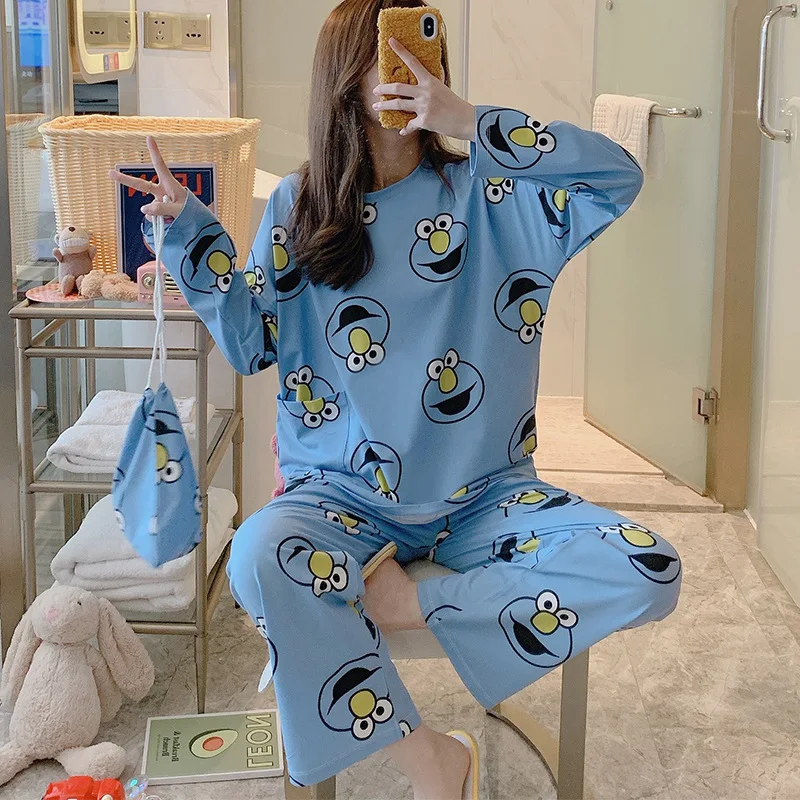 

Pajamas Women's Spring And Autumn Long Sleeve Cute Sesame Street Two-Piece Set Korean-style Students Loose And Plus-sized Thin H