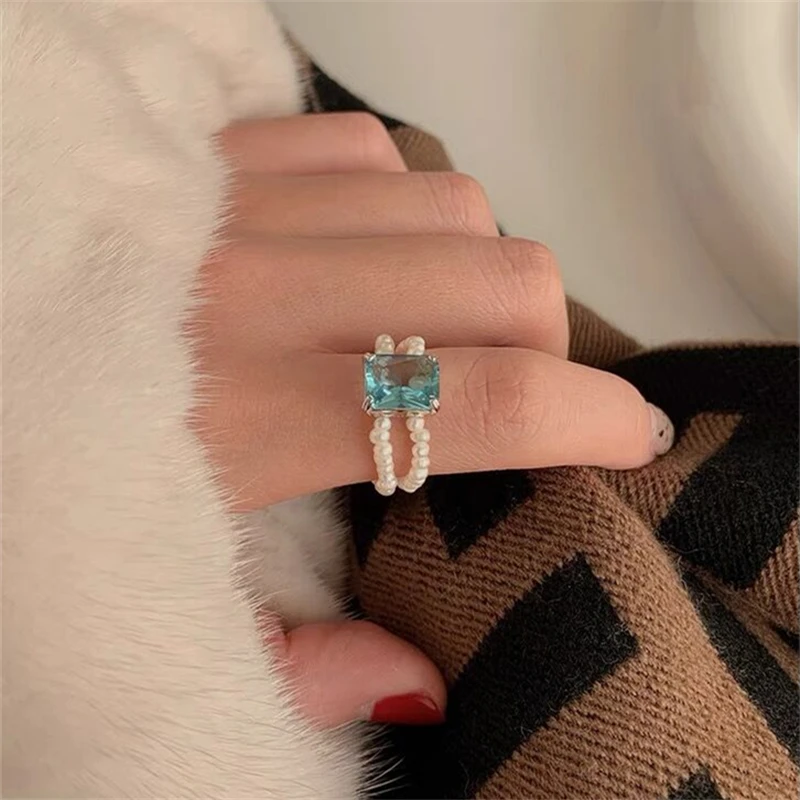 Finger ring jewelry accessories ring set Kpop Romantic Coloful Crystal Pearl Elastic Rope Beaded Ring Smooth Irregular Geometric Square Oval Rings for Women Jewelry