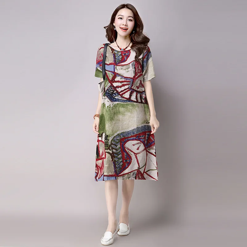 

Ethnic-Style Printed Dress for Woman Loose And Plus-sized Mid-length Short Sleeve 2018 Summer New Style Middle-aged WOMEN'S Appa