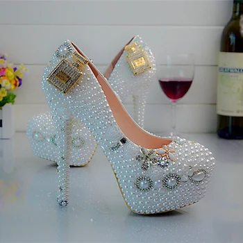 

Snow White Bridal Dress Shoes Round Toe Platform Pumps Sexy Slip On Prom Shoes 4 Inches Heel Wedding Shoes EUR 34-45