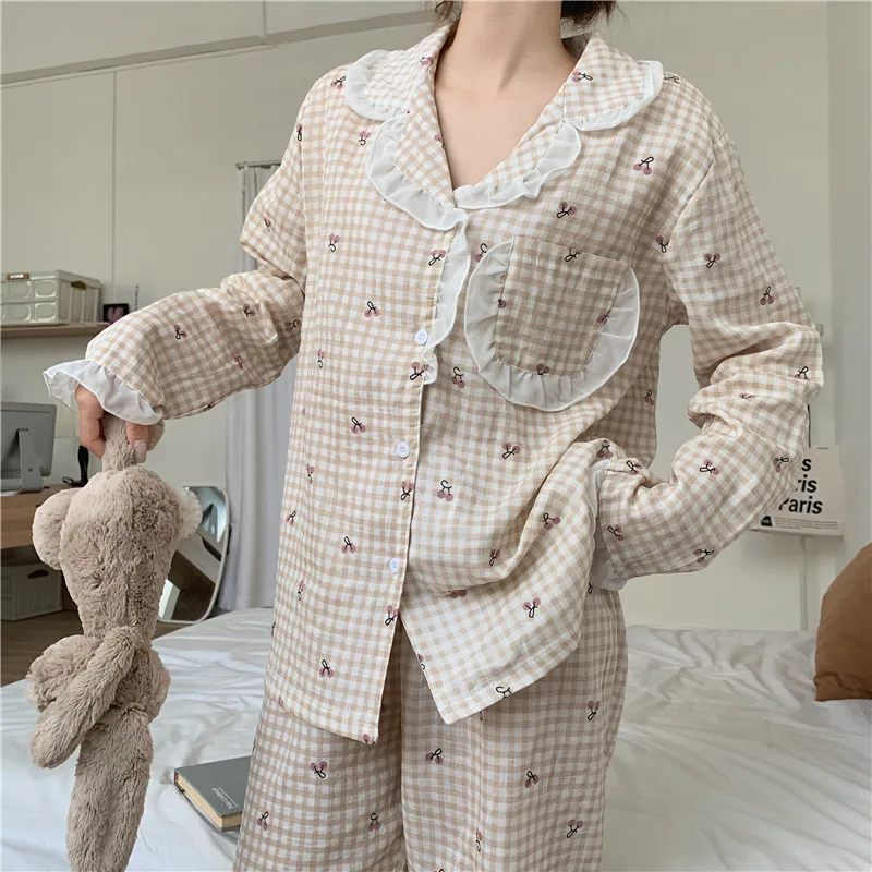 

2021 Autumn Cotton Plaid Cherry Pajama Sweet Homewear Pajama Set Pajamas for Women Cotton Two Piece Set Winter Ruffle