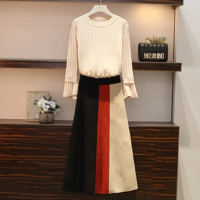 

Autumn Casual Two Piece Set Flare Sleeve Knit Sweater Pullover & High Waist Twinset Skirt Set Korean OL Patchwork Women's Sets