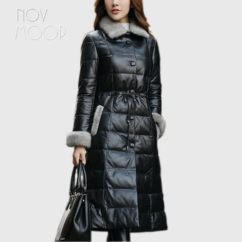 

Novmoop High Street slim style lady black red mink fur collar lambskin genuine leather down coat manteau femme hiver 2020 LT2946