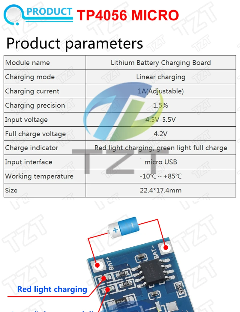 TZT 5 Stück Micro USB 5V 1A 18650 TP4056 Lithium-Batterie-Lademodul Ladeplatine mit Schutzfunktionen und Doppelfunktionen 1A Li-Ion – Detail 11