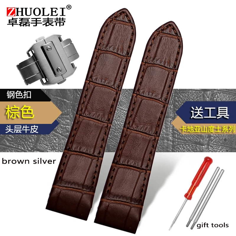 20MM 23MM Crocodile-pattern cowhide strap with butterfly buckle for Cartier Santos men's and women's leather strap - Цвет ремешка: brown silver
