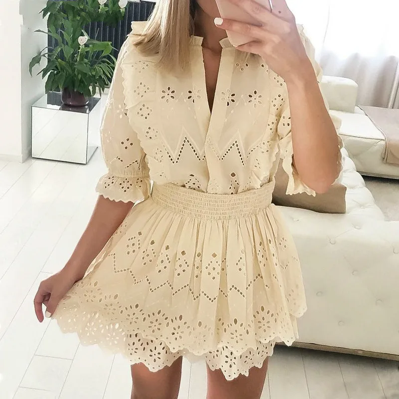 

Elegant Ruffles 2 Pieces Sets Half Sleeve Hollow Out Blouse Tops Elastic Waist Holiday Vacation Sets