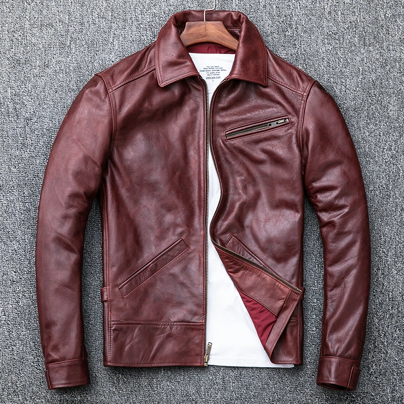 

Genuine Leather Jacket Men Spring Cow Leather Coat Oil Wax Cowhide Bomber Motorcycle Jacket Veste Cuir Homme KJ1912