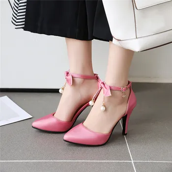 

YMECHIC 2020 Summer Fashion Elegant Sexy Bead Chain Bow High Heel Pumps Women Shoes Ankle Strap White Pink Womens Party Shoes