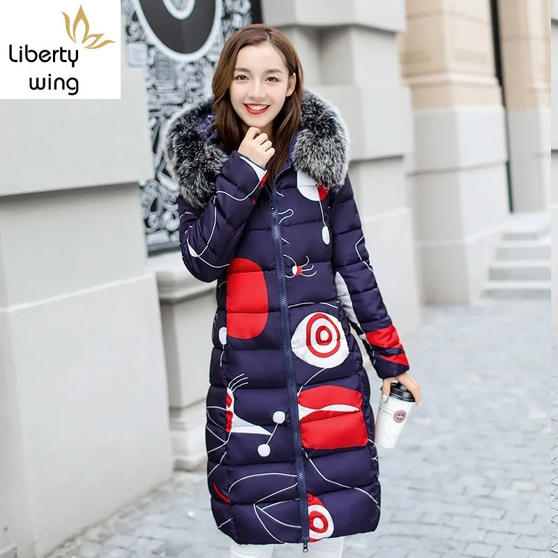 

New Winter Womens Down Jacket Fashion Printing Warm Hooded Outwear Female Slim Fit Reversible Overcoats Plus Size M-3XL