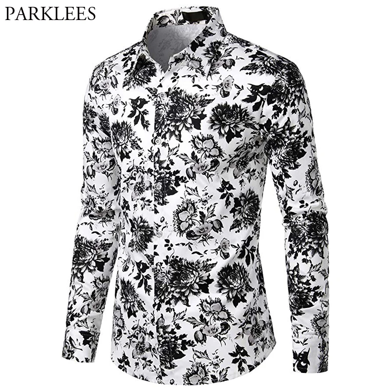 Camisa con estampado Hombre, camisa de manga larga, ajustada, elegante, a la moda, color blanco y negro - AliExpress