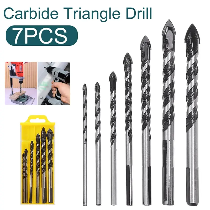 7pcs 3-12mm Threaded Aolly Wall Tile Concrete Drill Carbide Glass Triangle Twist Drill Bit Electric Drill Tool Parts free shipping 5pcs 5 12mm sds plus 160mm length electric hammer 4 cutter carbide drill bits for concrete wall granite masonry