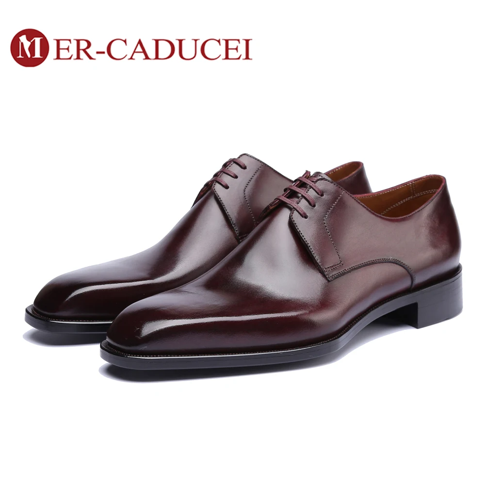 

Men's Dress Shoes 100% Handmade Retro Derby Dress Shoes Genuine Leather Shoes Male Brown Patina Wedding Office Mans Footwear