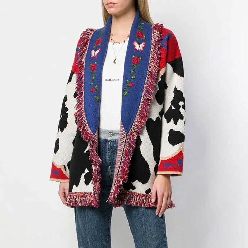 Gypsylady, жаккардовый кардиган из коровьей кожи, разноцветный, с длинными рукавами, с кисточками, зимние кардиганы, свитера для женщин, новинка, модное пальто для женщин