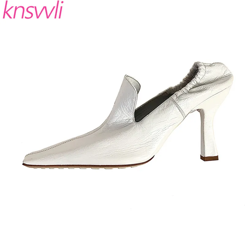 New Runway Shows Shoes Woman White Pleated Leather Women Pumps Square Toe Elastic Band Slip On High Heels Shoes Zapatos De Mujer