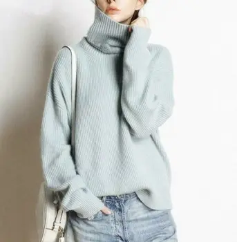 

Luxury High Neck Loose Sweater Top Cashmere Knitted Pullover Women 2020 Hot Sale Casual Solid Color Wild Warm New Long Sleeves
