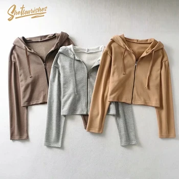 

Sheflourishes Women Hooded Gray Long Sleeve Sweatshirt Casual Cropped Jackets Female Outerwear Loose Sportswear Autumn Coat 2020