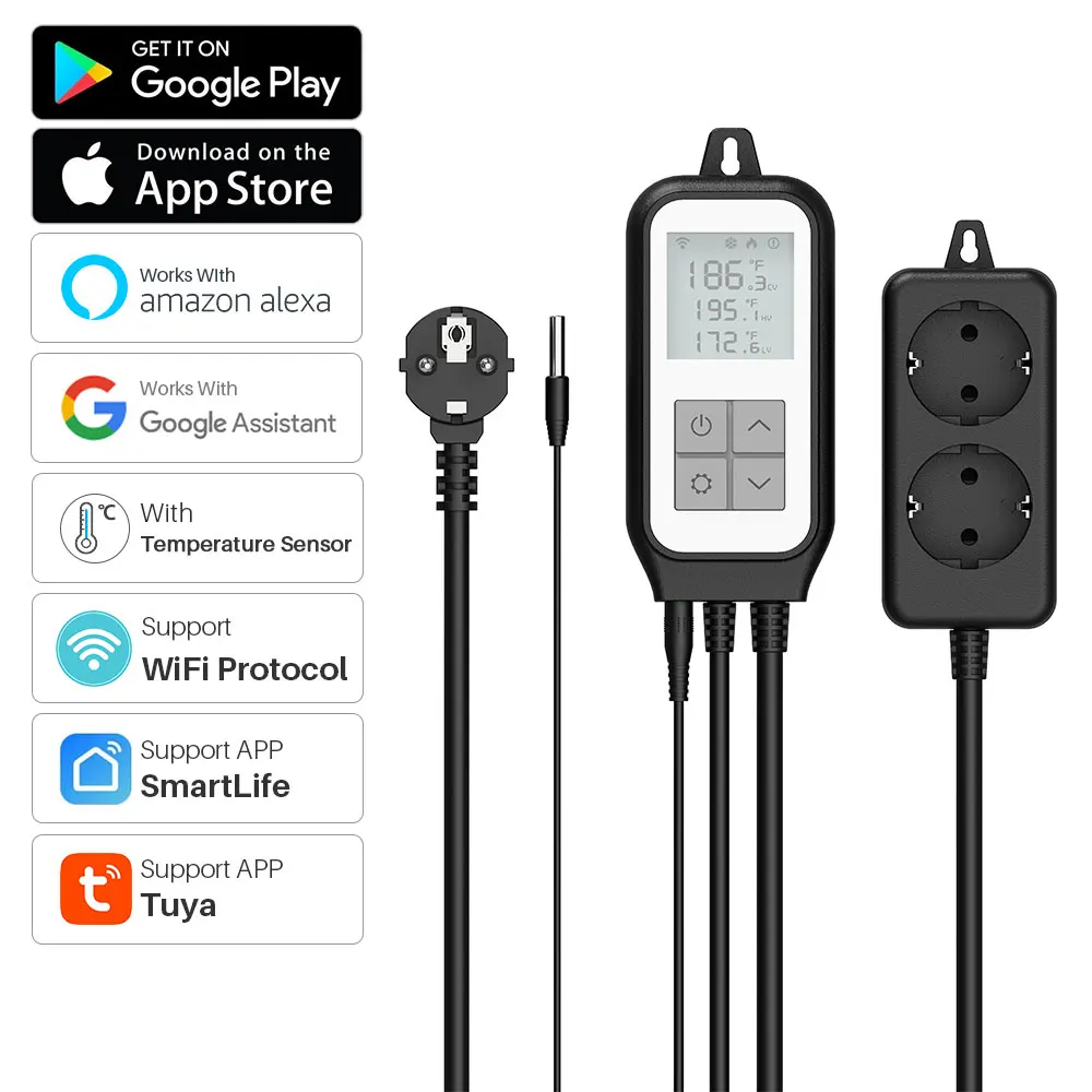 ELIVCO Tuya WiFi Temperature Sensor Controller Thermometer with heat cooling relay socket, Smart Life works with Alexa Google Assistant