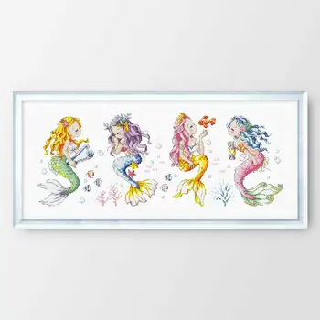

Fishxx Printed on Canvas DMC Counted Chinese Cross Stitch Kits set Embroidery Needlework Cute mermaid