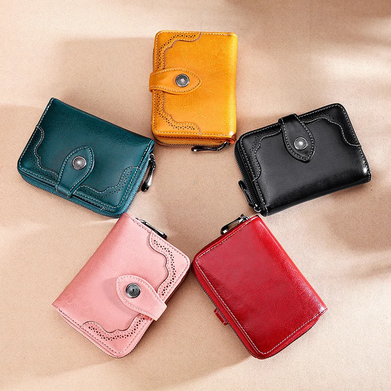 

Oil Wax Leather Short Women's Wallet Buckle RFID Leather Wallet Forever Young Wallet
