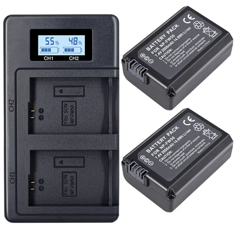 

2Pcs 2000Mah Np-Fw50 Np Fw50 Camera Battery + Lcd Usb Dual Charger For Alpha A6500 A6300 A6000 A5000 A3000 Nex-3 A7R