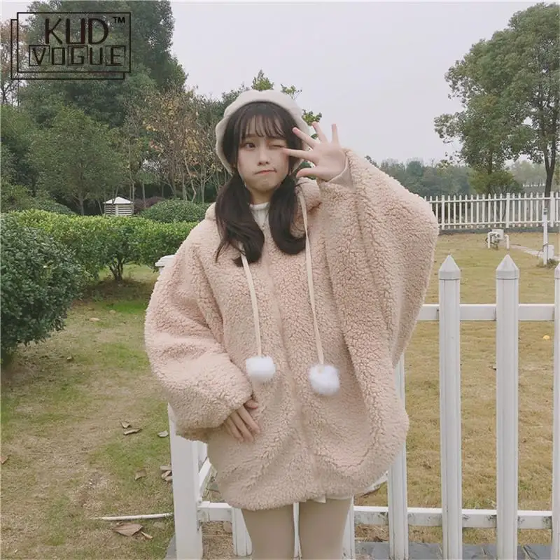  Harajuku Lolita Sweet Hooded Girls Coat Women Winter Warm Batwing Sleeve Hoodie Jacket Kawaii Costu