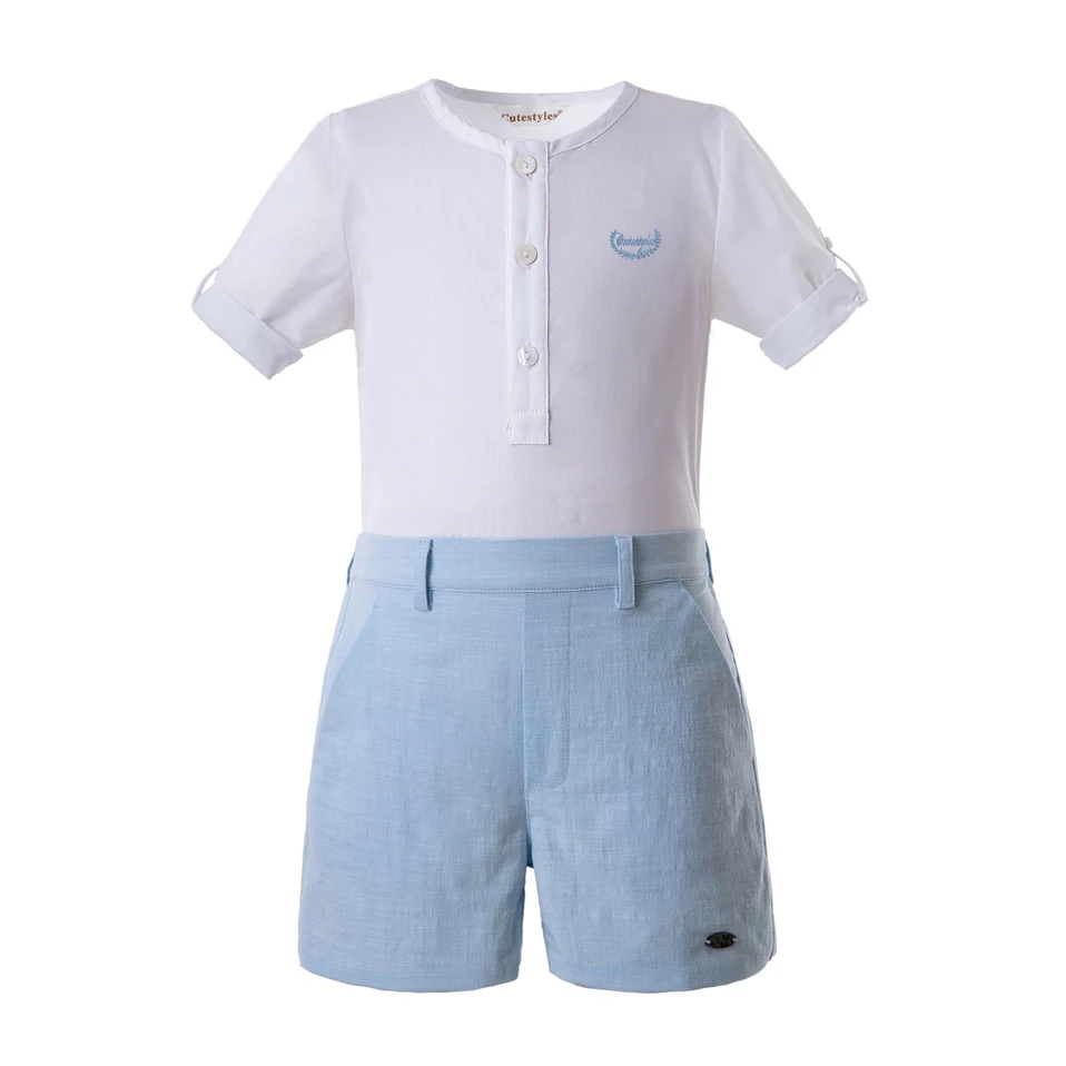 Cutestyles/Новые летние комплекты одежды для мальчиков белая рубашка и синие короткие хлопковые комплекты для мальчиков EB-DMCS201-C145