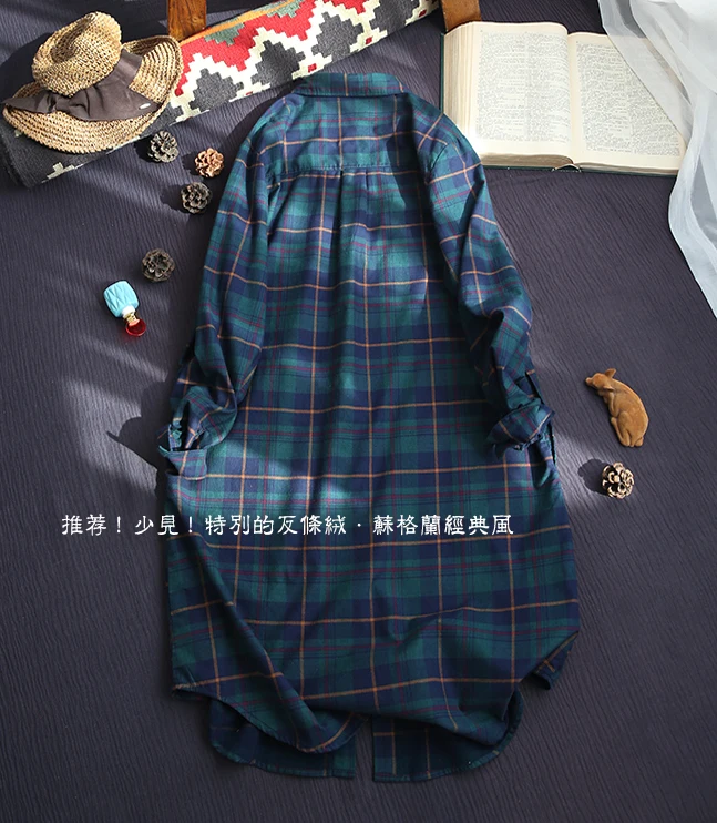 Spring Autumn Women literary loose plaid linen shirt female casual New style long-sleeved shirt