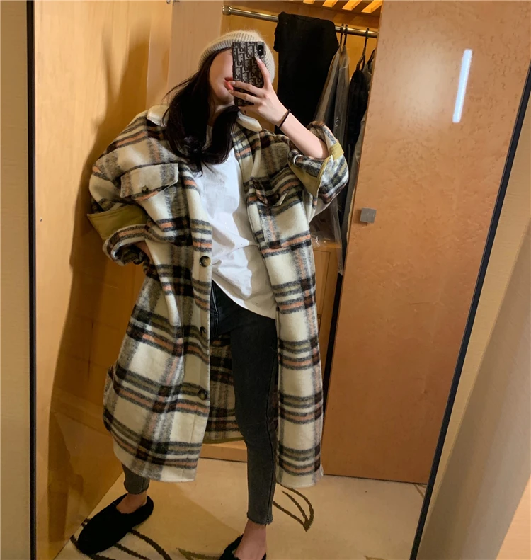 Women Elegant Woolen Coat Plaid Print Wool Turn Down Collar OG0696