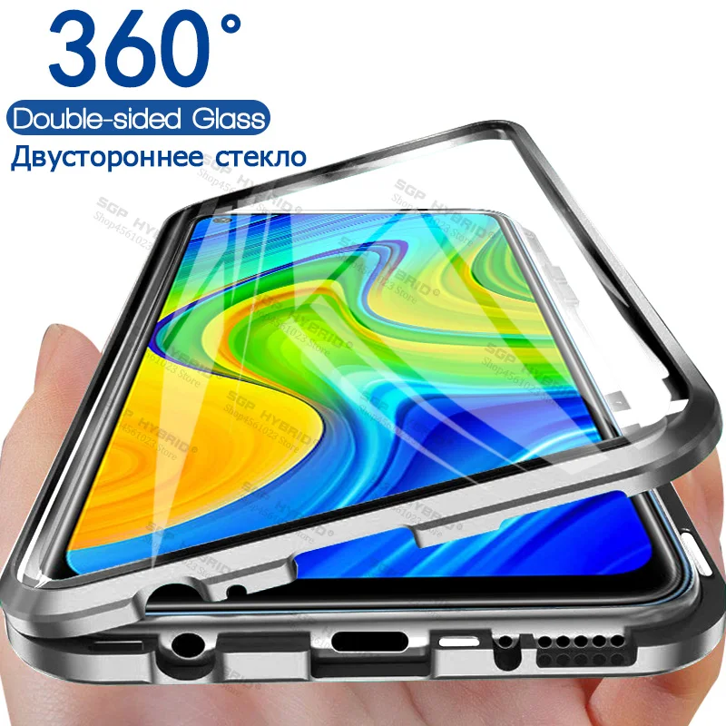 Двухсторонний металлический магнитный чехол для Redmi note 9 с закаленным стеклом Xiaomi