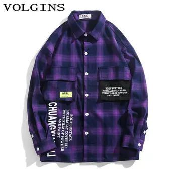 

Streetwear Grid Men Shirts Long Sleeve Hip Hop Cotton Mens Dress Shirts Pockets Letter Printing Casual Man Shirt