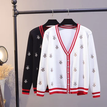 

Designer Runway Bee Embroidery Crop Knitted Sweater Women Autumn Spring Singel Breasted Knitting Cardigan Fashion