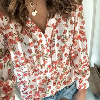 

Summer Korean Women Flowers Print Shirt Pleated V-neck Long Sleeve Female Shirts 2020 Spring Vintage Fashion Casual Ladies Tops