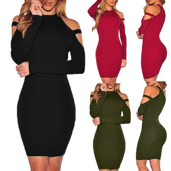 

JAYCOSIN Womens Strapless Tight fitting Buttock Mini Dress O-Neck Long Sleeves Pure Color bodycon club Party Dress Hot Sale D03